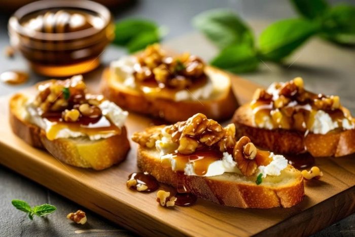 canape gourmet de queso brie, nueces y miel
